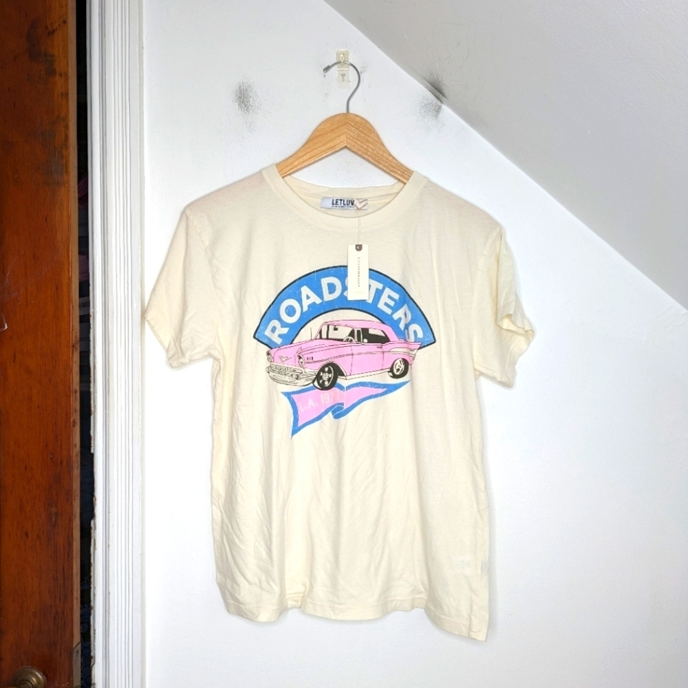 LETLUV Beige Cotton Graphic Pink Retro Roadsters Short Sleeve Tee NEW Size XXS